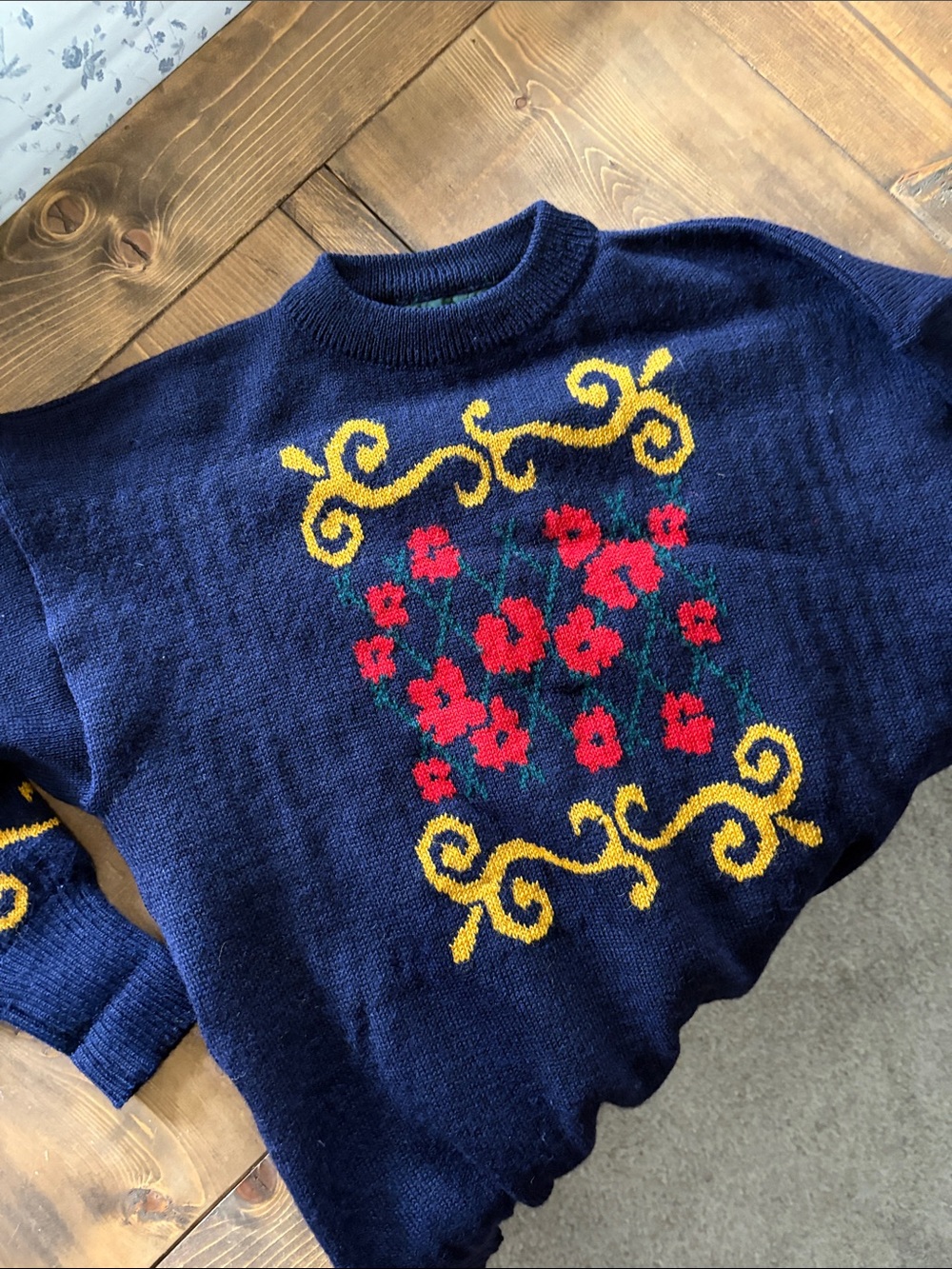 Vintage Wool Navy Crewneck Sweater with Red Floral and Yellow Scroll Accents